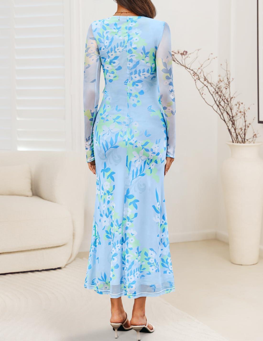 imageZESICA Womens Fall Floral Long Sleeve Maxi Dress 2026 Boho Bodycon V Neck Ruffle Wedding Party Long DressesBlue