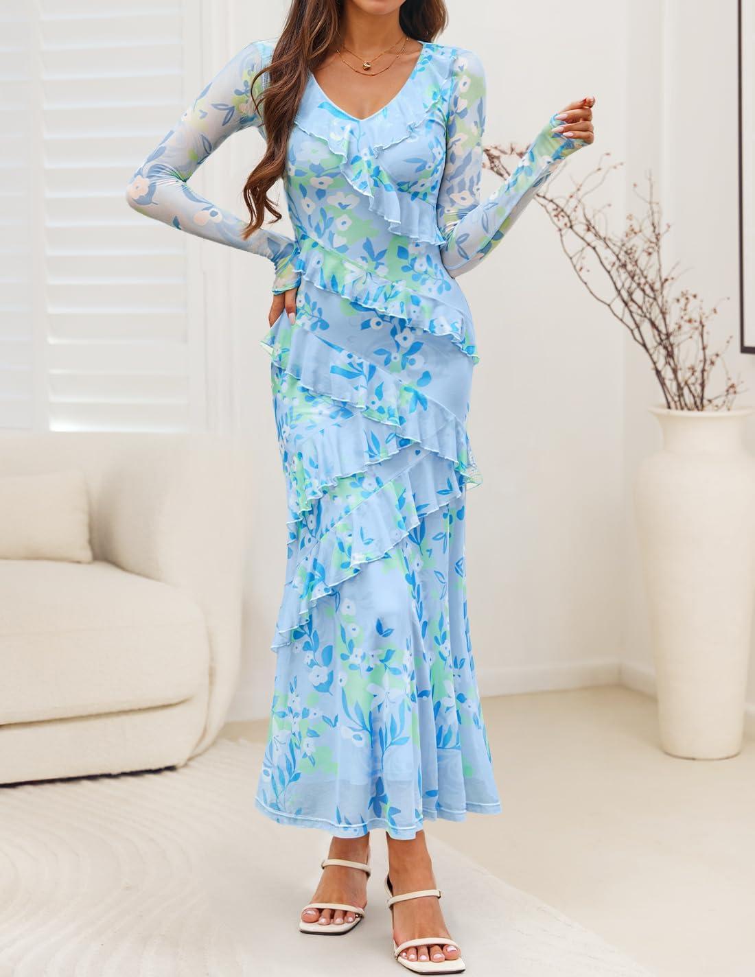 imageZESICA Womens Fall Floral Long Sleeve Maxi Dress 2026 Boho Bodycon V Neck Ruffle Wedding Party Long DressesBlue