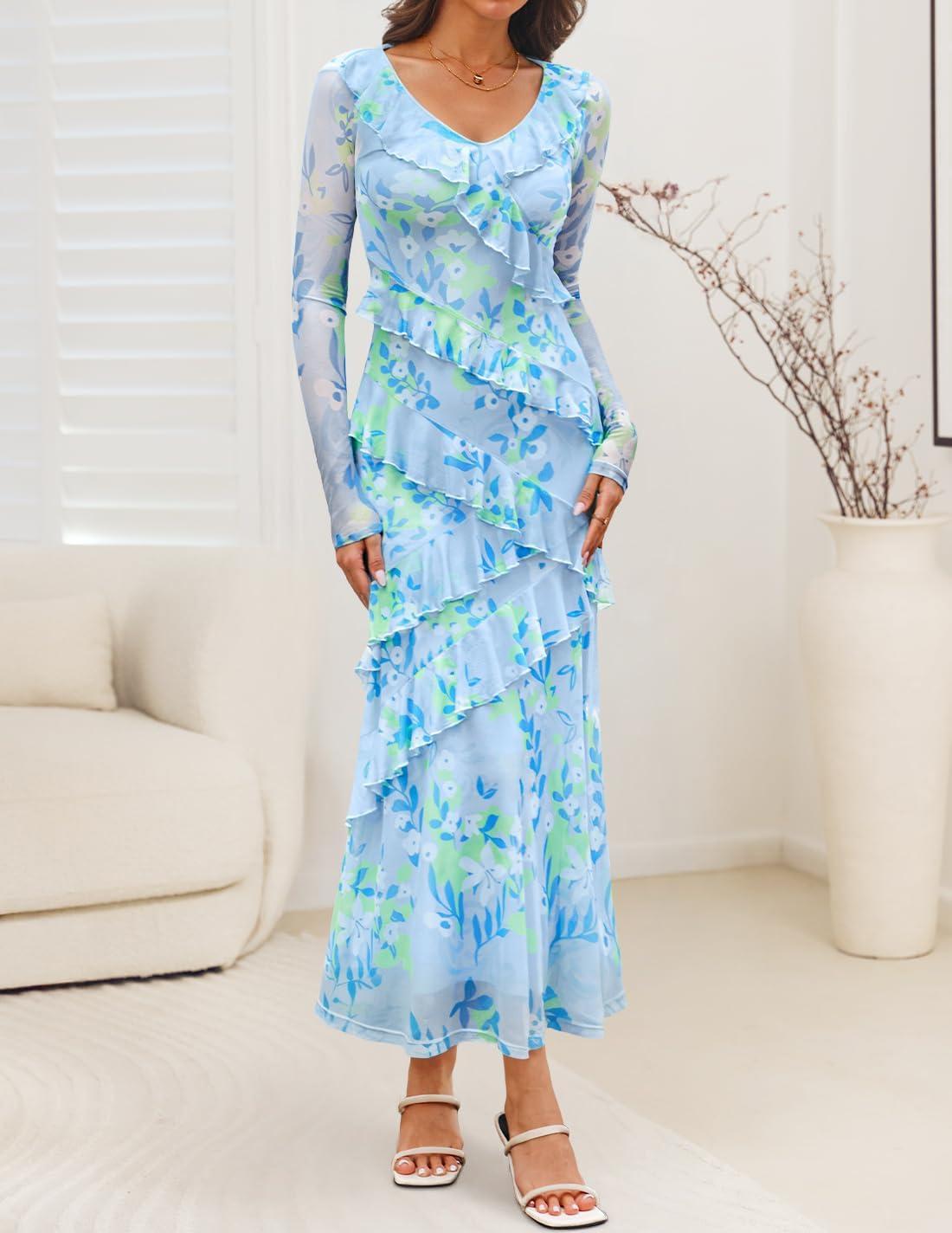 imageZESICA Womens Fall Floral Long Sleeve Maxi Dress 2026 Boho Bodycon V Neck Ruffle Wedding Party Long DressesBlue