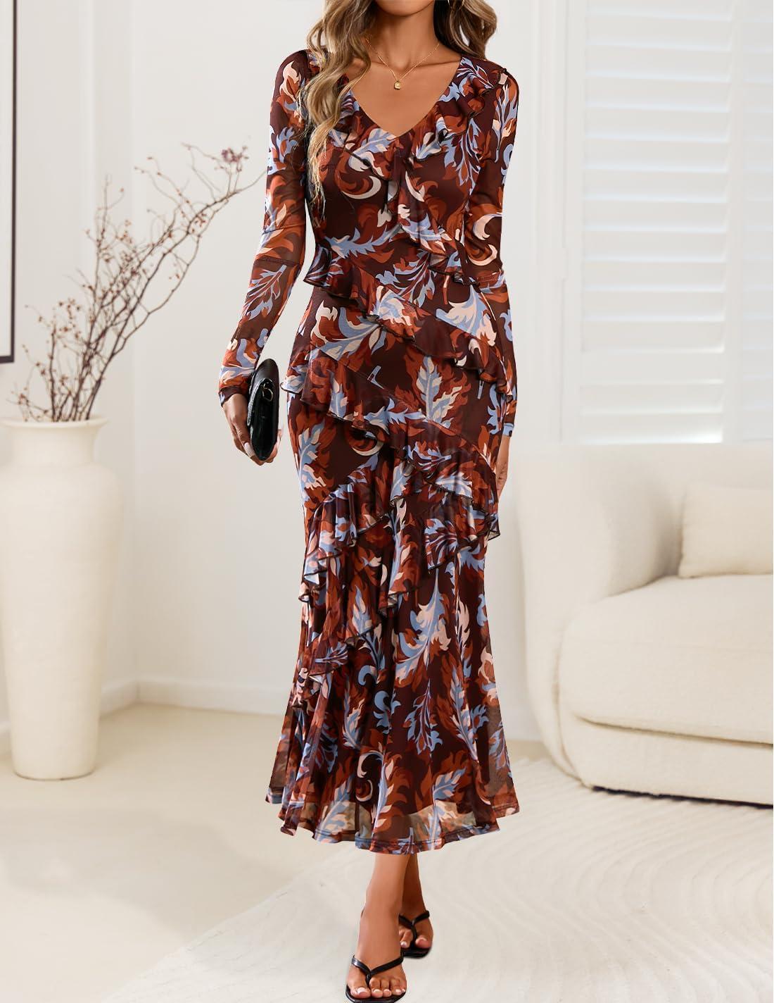 imageZESICA Womens Fall Floral Long Sleeve Maxi Dress 2026 Boho Bodycon V Neck Ruffle Wedding Party Long DressesBrown
