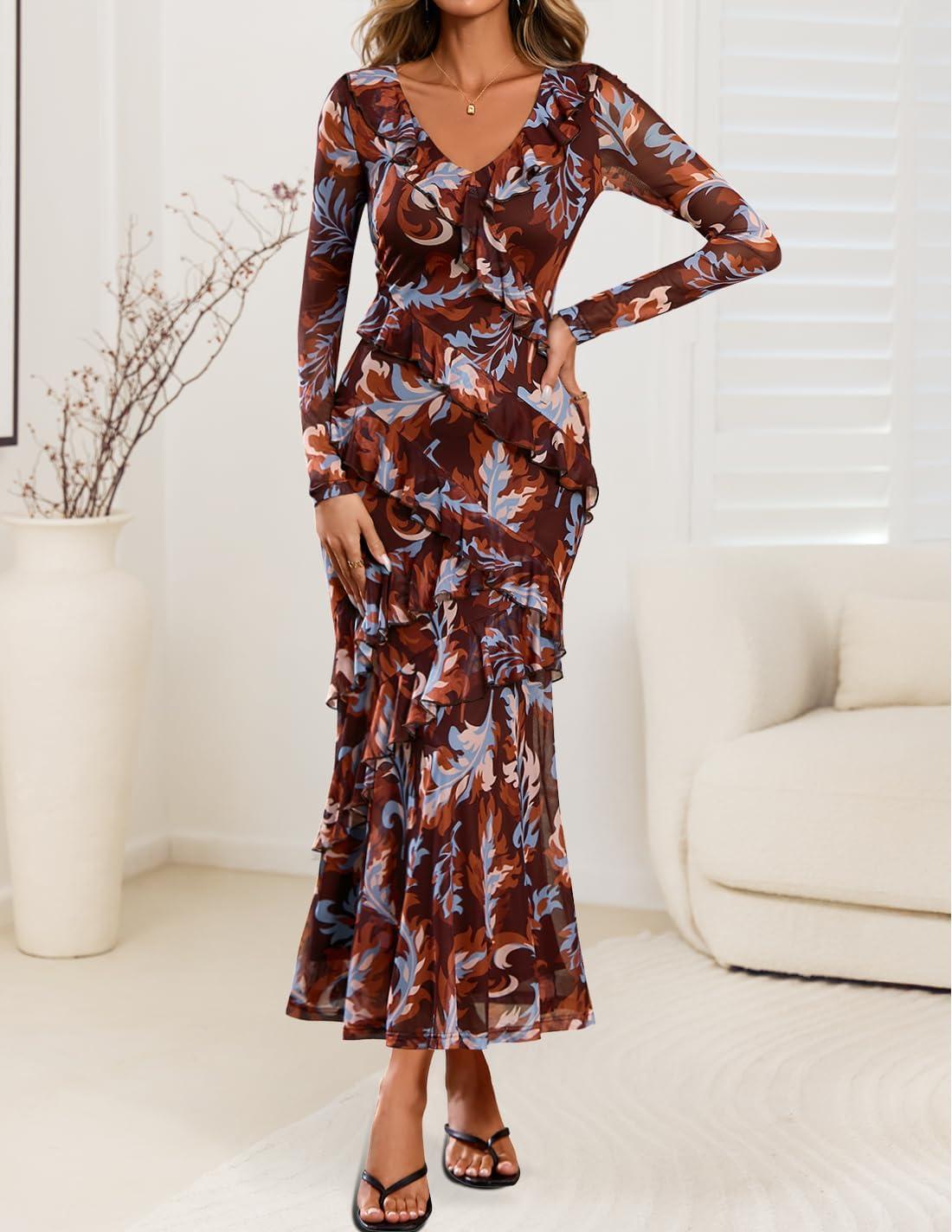 imageZESICA Womens Fall Floral Long Sleeve Maxi Dress 2026 Boho Bodycon V Neck Ruffle Wedding Party Long DressesBrown