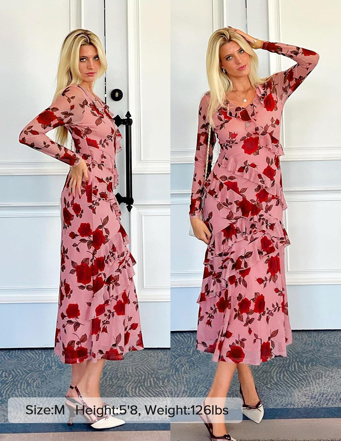 imageZESICA Womens Fall Floral Long Sleeve Maxi Dress 2026 Boho Bodycon V Neck Ruffle Wedding Party Long DressesDark Pink