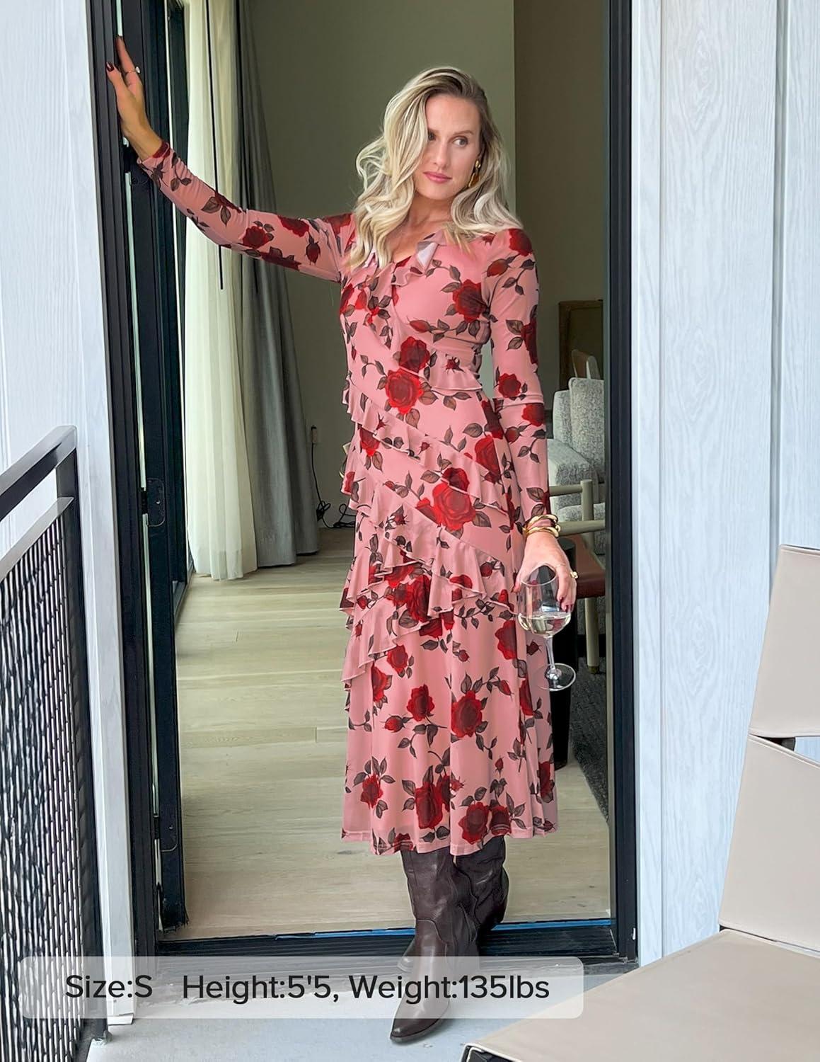 imageZESICA Womens Fall Floral Long Sleeve Maxi Dress 2026 Boho Bodycon V Neck Ruffle Wedding Party Long DressesDark Pink