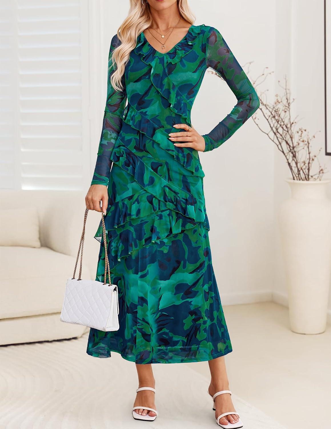 imageZESICA Womens Fall Floral Long Sleeve Maxi Dress 2026 Boho Bodycon V Neck Ruffle Wedding Party Long DressesGreen