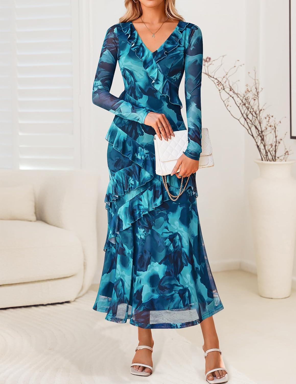 imageZESICA Womens Fall Floral Long Sleeve Maxi Dress 2026 Boho Bodycon V Neck Ruffle Wedding Party Long DressesLake