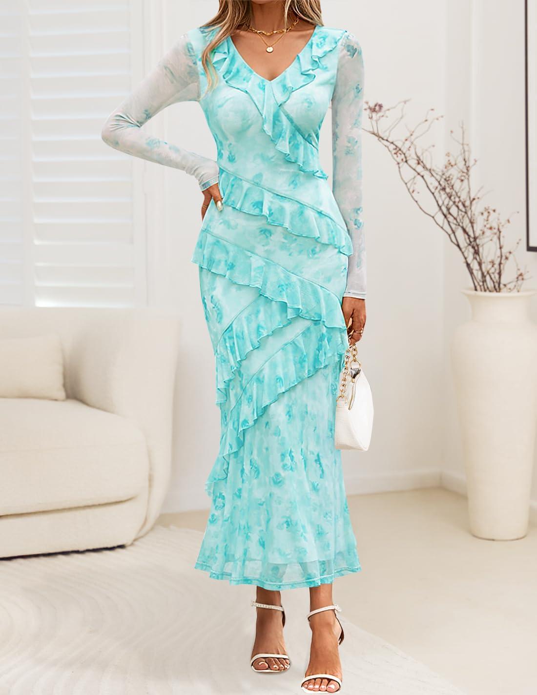 imageZESICA Womens Fall Floral Long Sleeve Maxi Dress 2026 Boho Bodycon V Neck Ruffle Wedding Party Long DressesLight Green
