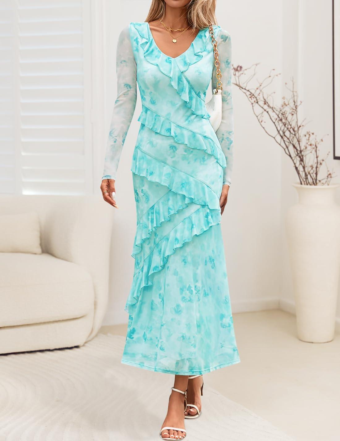 imageZESICA Womens Fall Floral Long Sleeve Maxi Dress 2026 Boho Bodycon V Neck Ruffle Wedding Party Long DressesLight Green