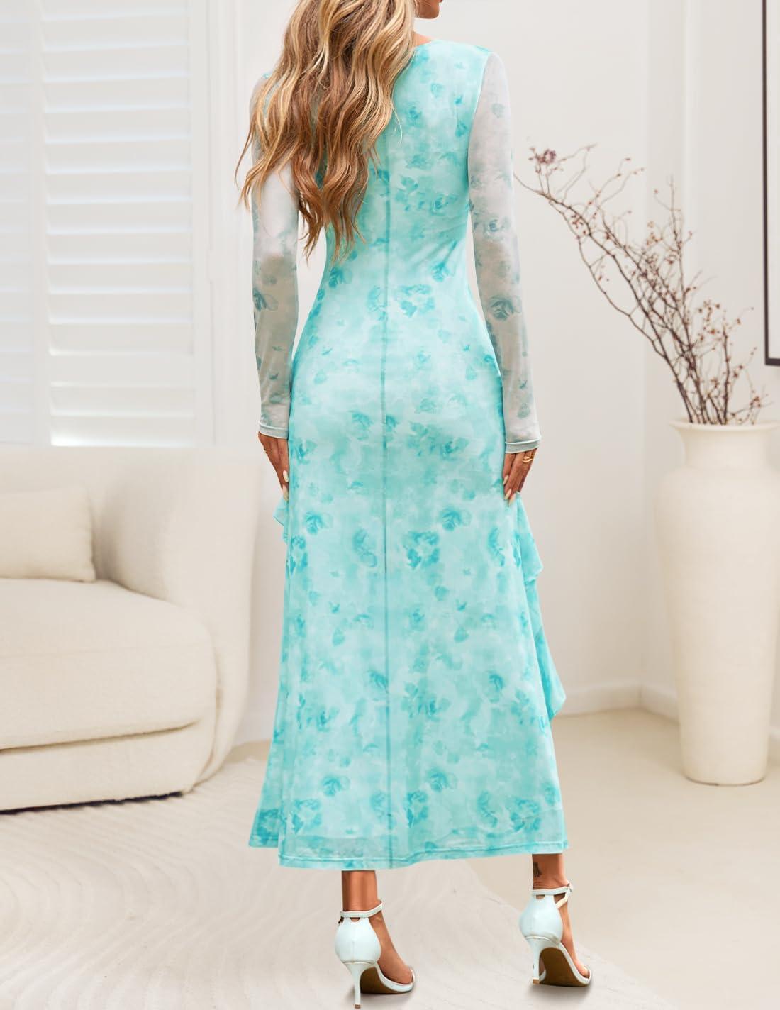 imageZESICA Womens Fall Floral Long Sleeve Maxi Dress 2026 Boho Bodycon V Neck Ruffle Wedding Party Long DressesLight Green