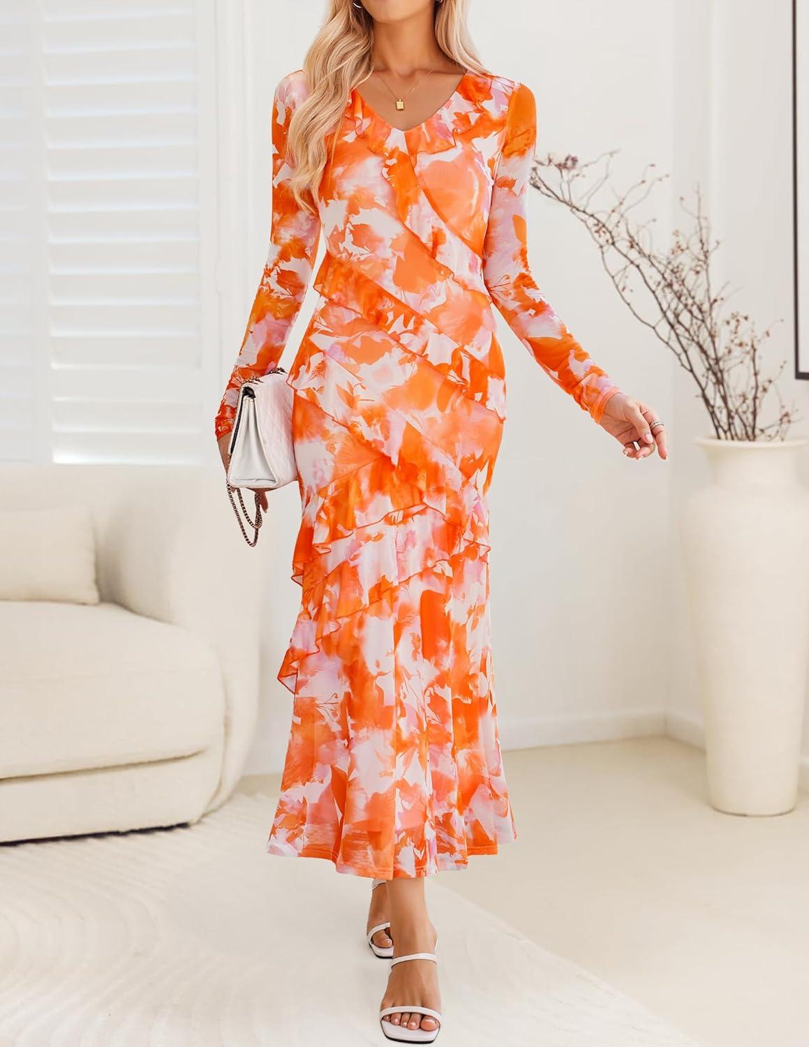 imageZESICA Womens Fall Floral Long Sleeve Maxi Dress 2026 Boho Bodycon V Neck Ruffle Wedding Party Long DressesOrange