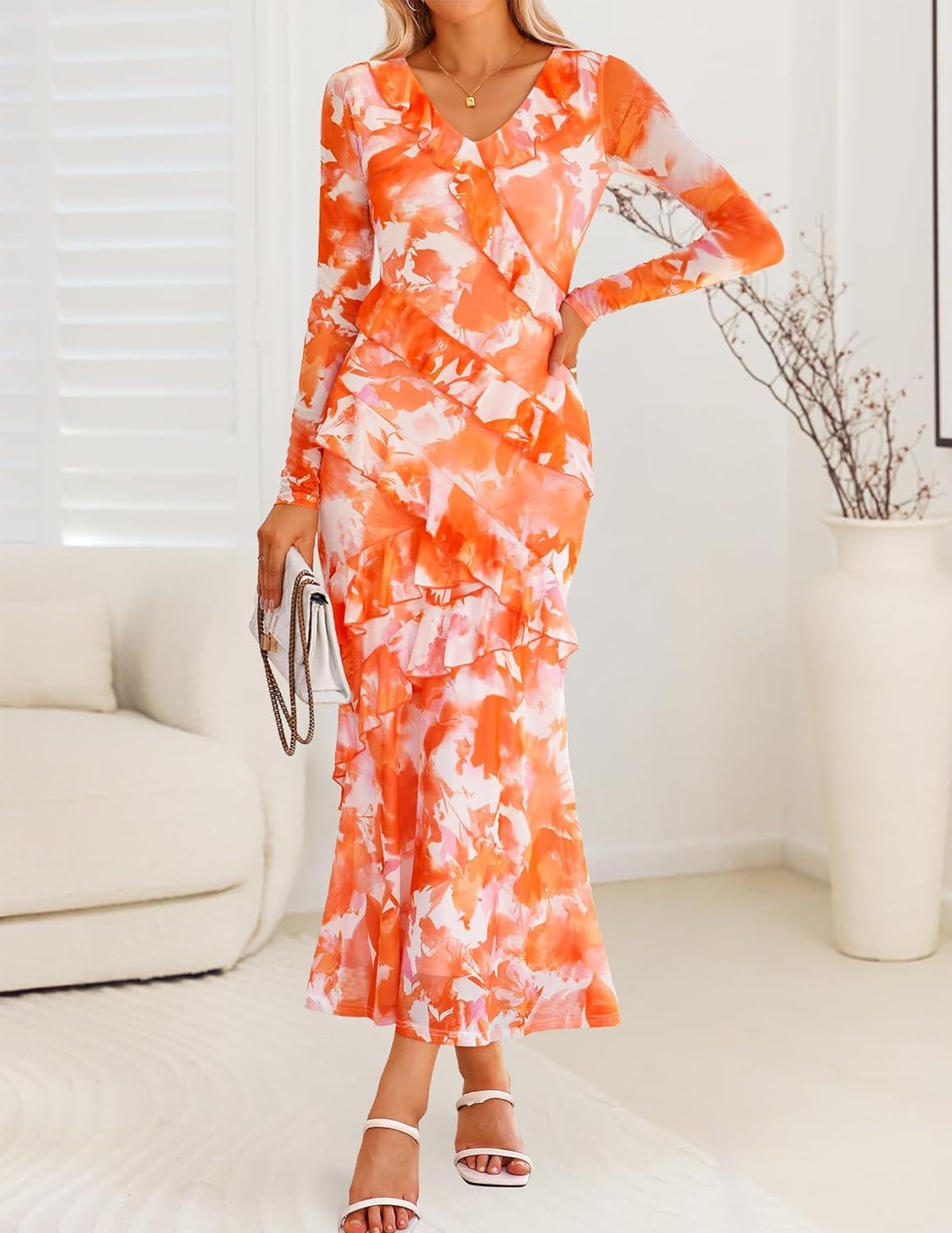 imageZESICA Womens Fall Floral Long Sleeve Maxi Dress 2026 Boho Bodycon V Neck Ruffle Wedding Party Long DressesOrange