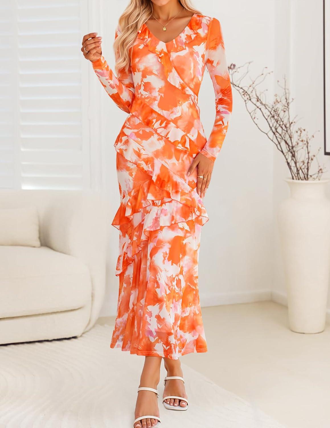 imageZESICA Womens Fall Floral Long Sleeve Maxi Dress 2026 Boho Bodycon V Neck Ruffle Wedding Party Long DressesOrange