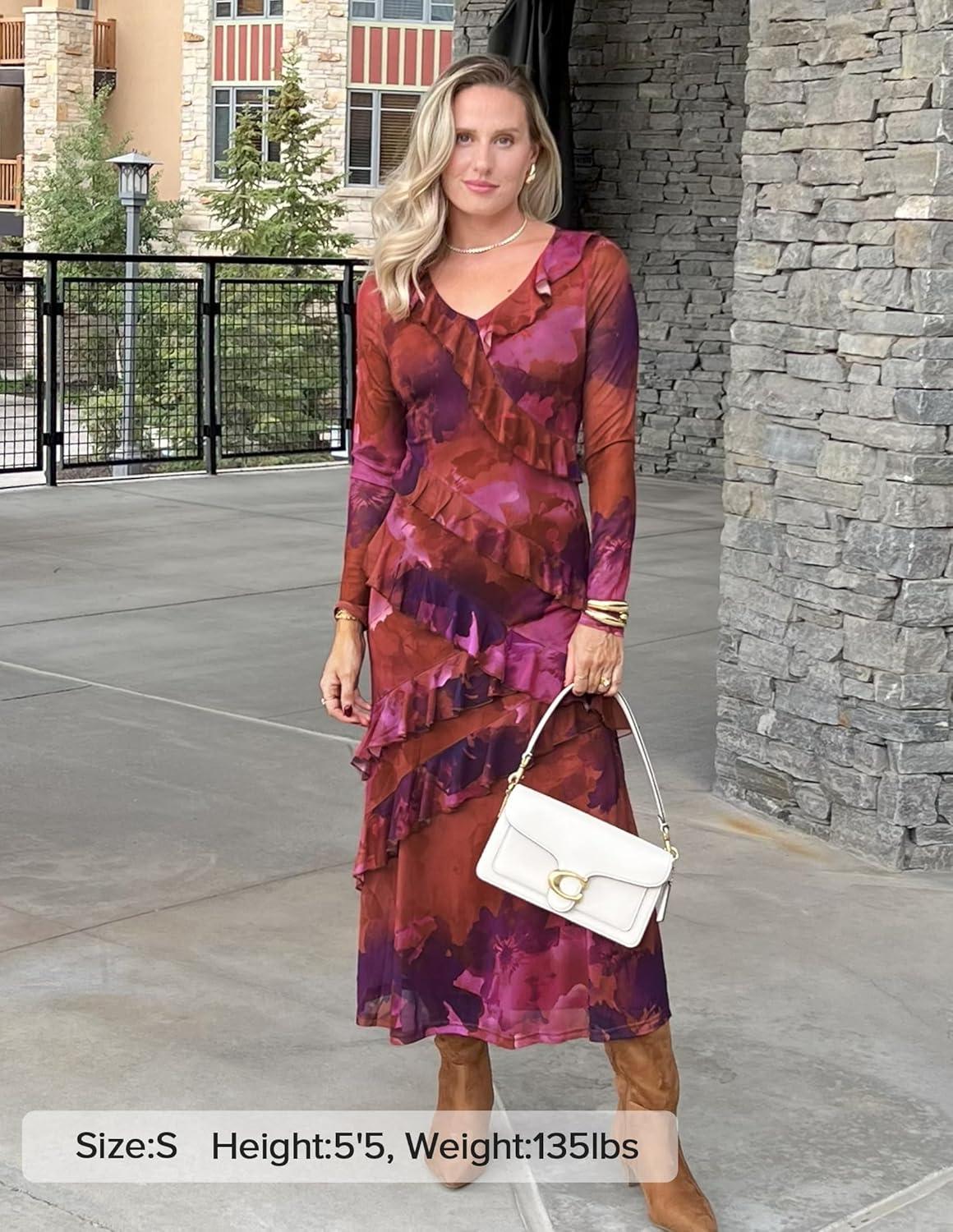 imageZESICA Womens Fall Floral Long Sleeve Maxi Dress 2026 Boho Bodycon V Neck Ruffle Wedding Party Long DressesPurple