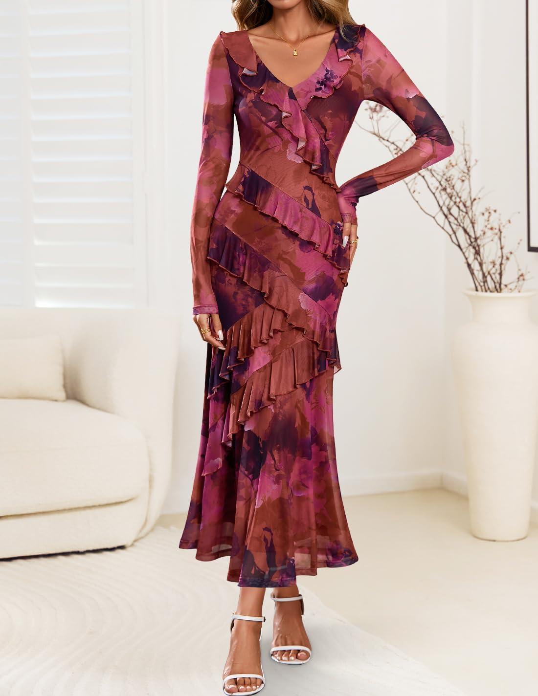imageZESICA Womens Fall Floral Long Sleeve Maxi Dress 2026 Boho Bodycon V Neck Ruffle Wedding Party Long DressesPurple