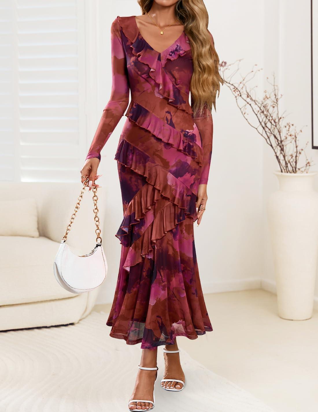 imageZESICA Womens Fall Floral Long Sleeve Maxi Dress 2026 Boho Bodycon V Neck Ruffle Wedding Party Long DressesPurple