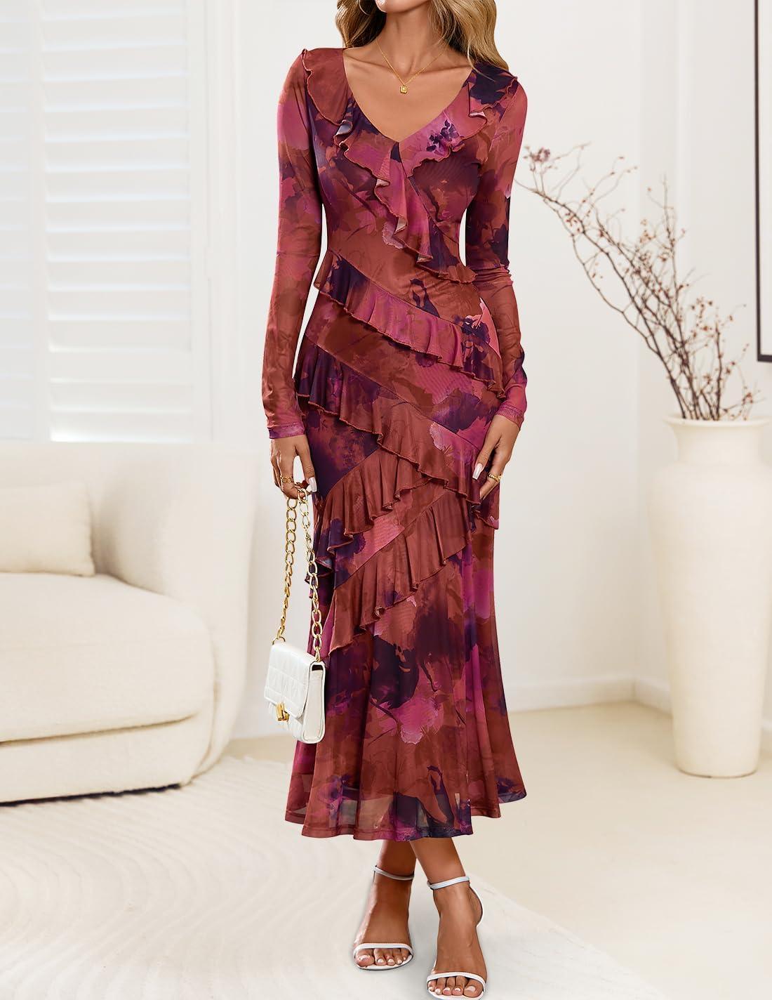 imageZESICA Womens Fall Floral Long Sleeve Maxi Dress 2026 Boho Bodycon V Neck Ruffle Wedding Party Long DressesPurple