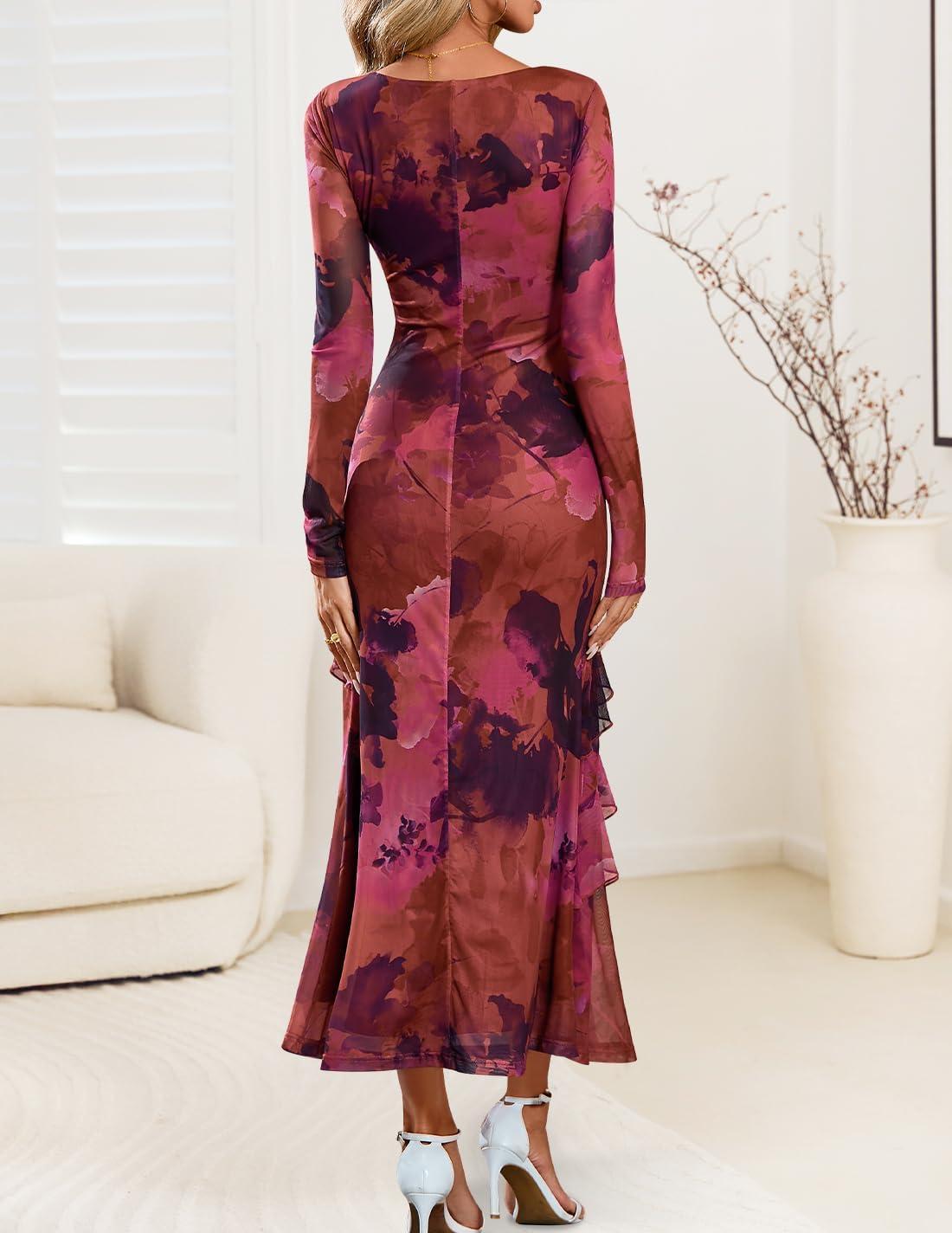 imageZESICA Womens Fall Floral Long Sleeve Maxi Dress 2026 Boho Bodycon V Neck Ruffle Wedding Party Long DressesPurple