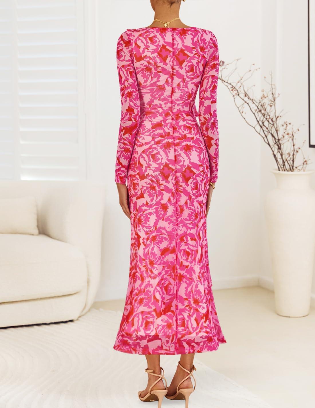 imageZESICA Womens Fall Floral Long Sleeve Maxi Dress 2026 Boho Bodycon V Neck Ruffle Wedding Party Long DressesRose