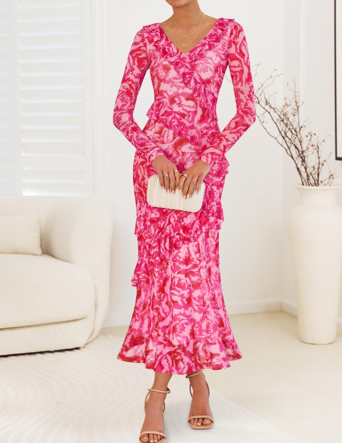 imageZESICA Womens Fall Floral Long Sleeve Maxi Dress 2026 Boho Bodycon V Neck Ruffle Wedding Party Long DressesRose