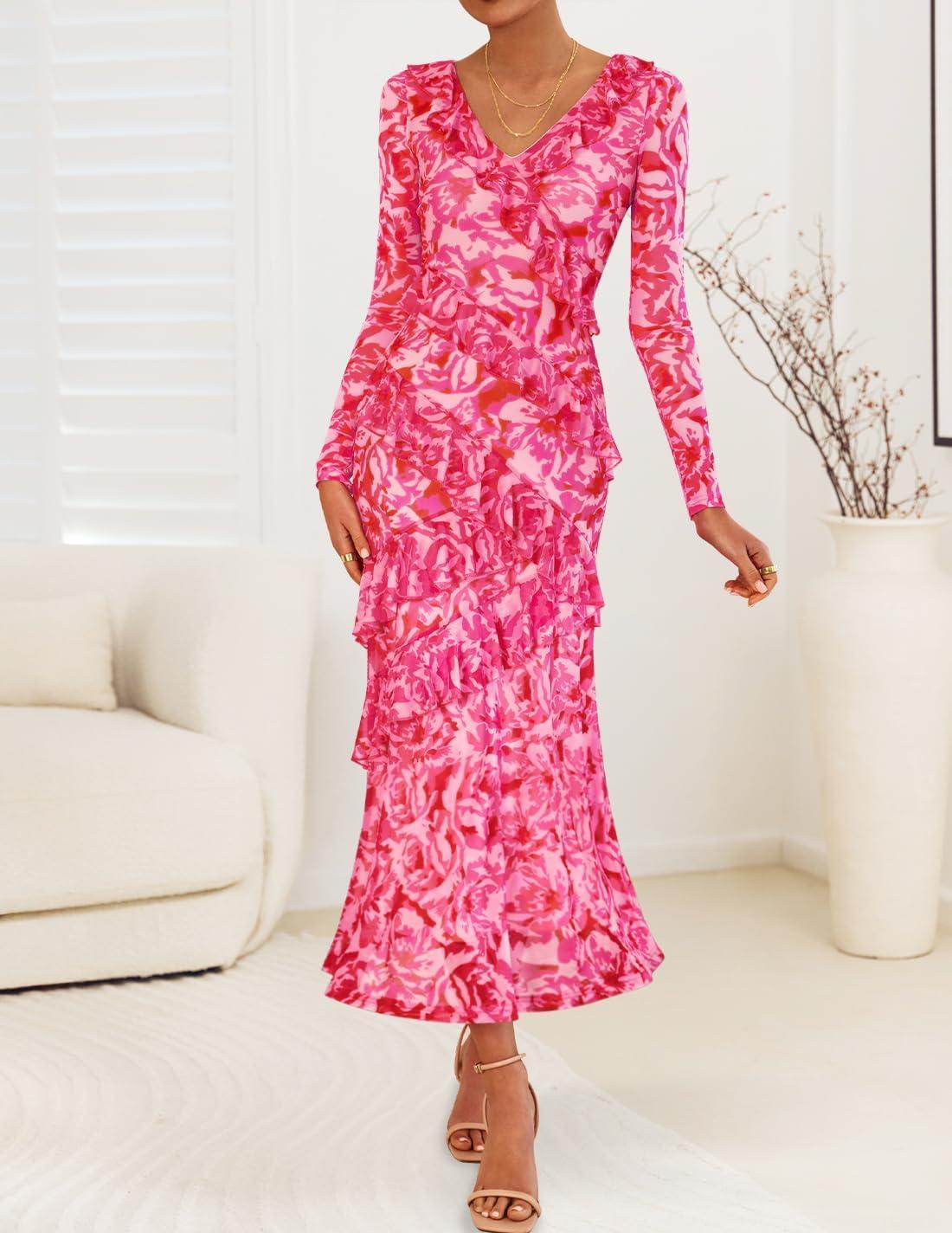 imageZESICA Womens Fall Floral Long Sleeve Maxi Dress 2026 Boho Bodycon V Neck Ruffle Wedding Party Long DressesRose