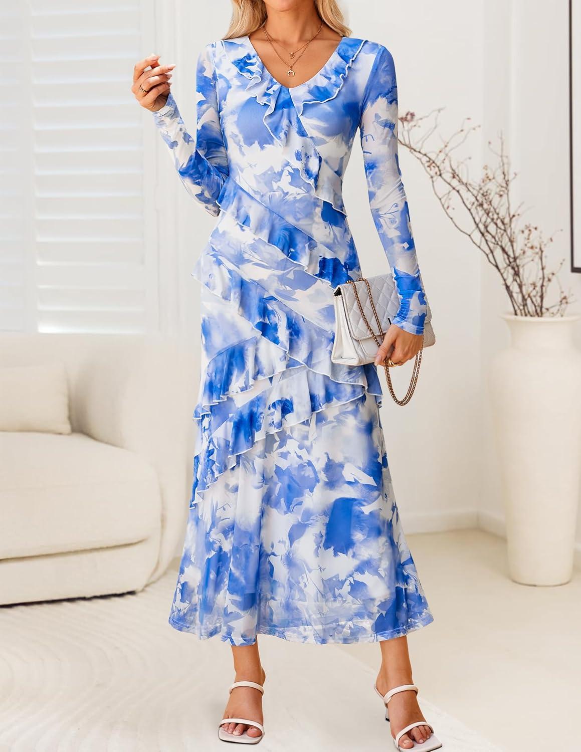 imageZESICA Womens Fall Floral Long Sleeve Maxi Dress 2026 Boho Bodycon V Neck Ruffle Wedding Party Long DressesSky