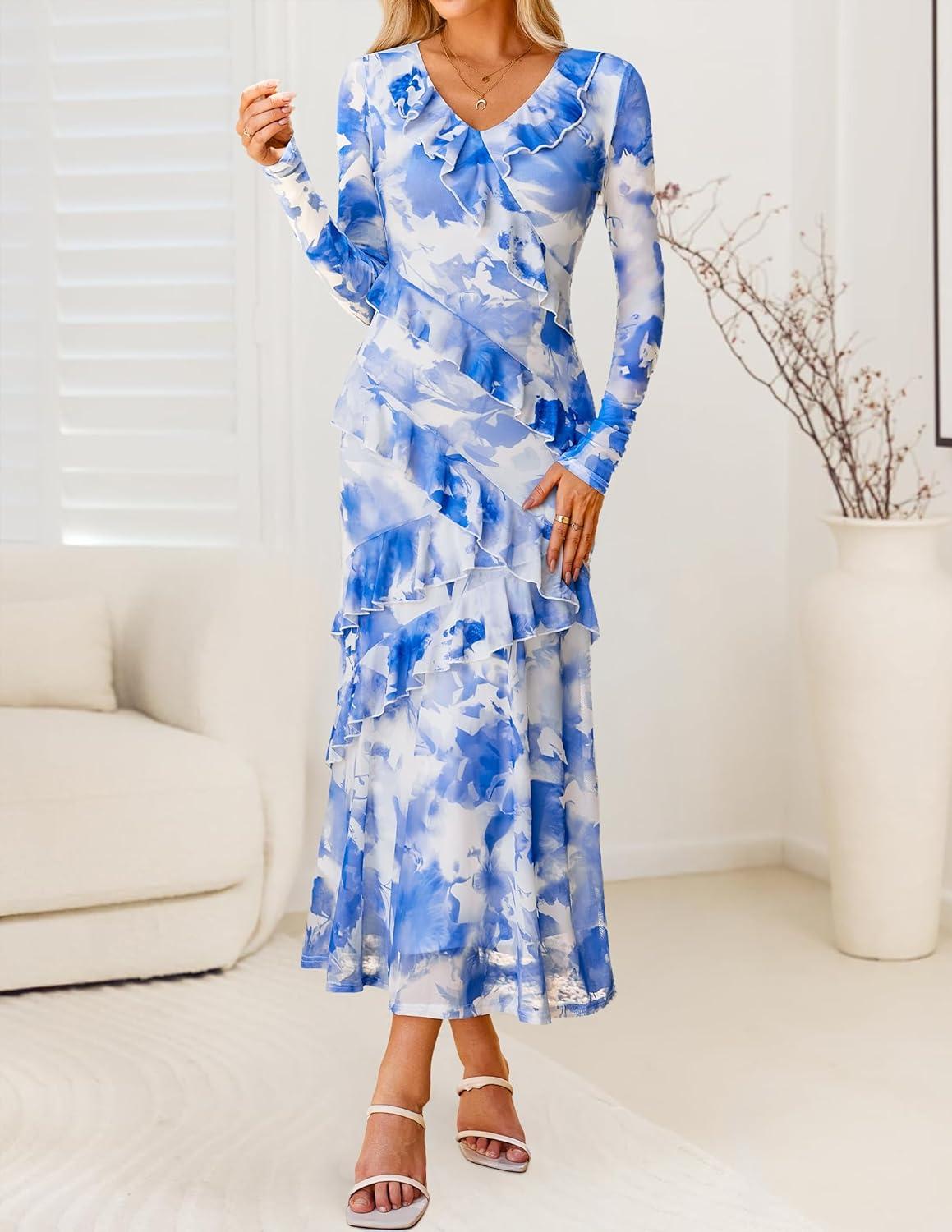 imageZESICA Womens Fall Floral Long Sleeve Maxi Dress 2026 Boho Bodycon V Neck Ruffle Wedding Party Long DressesSky