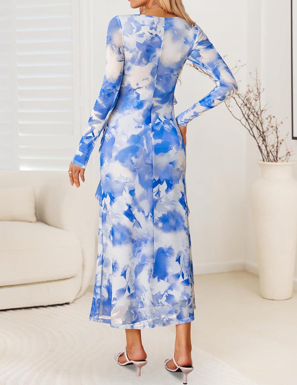 imageZESICA Womens Fall Floral Long Sleeve Maxi Dress 2026 Boho Bodycon V Neck Ruffle Wedding Party Long DressesSky