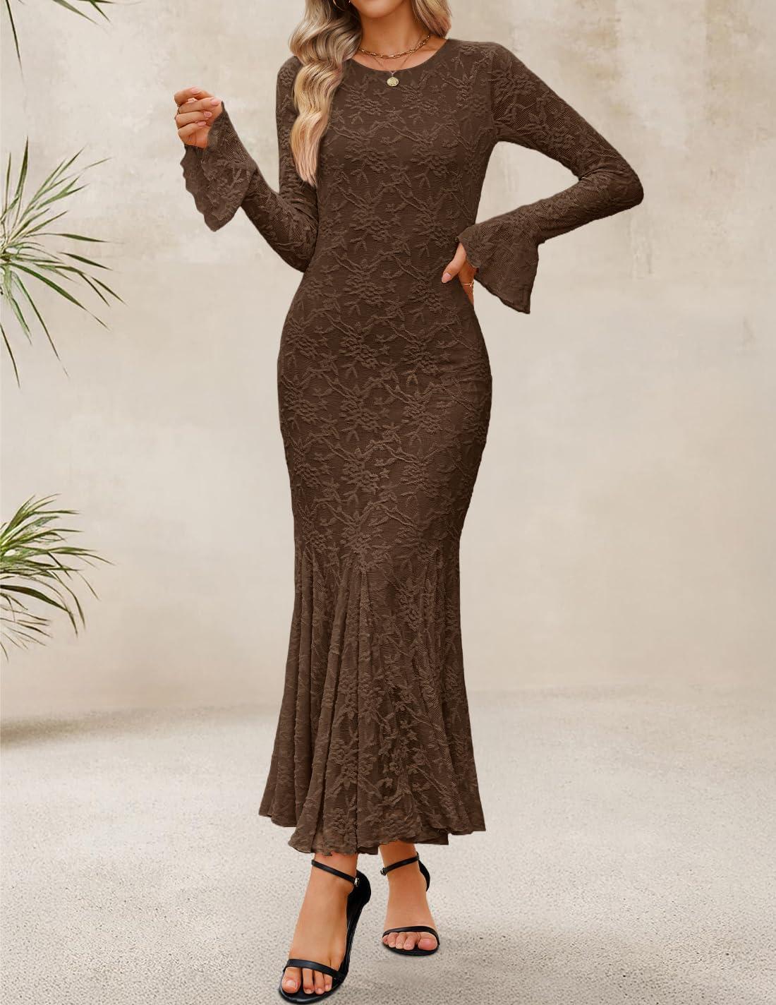 imageZESICA Womens Long Sleeve Bodycon Maxi Dress 2026 Fall Fashion Floral Sexy Mermaid Wedding Guest Cocktail Party DressesCoffee