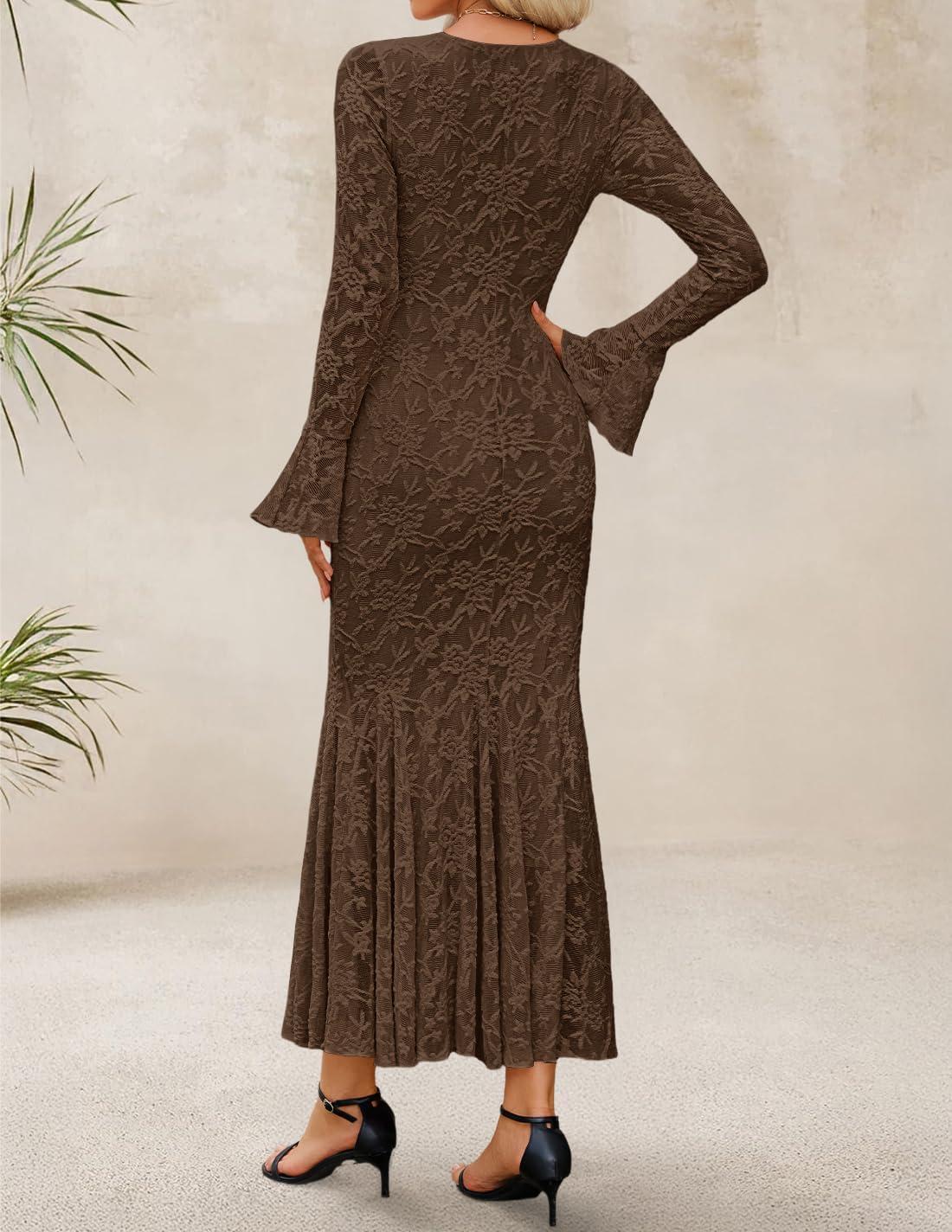 imageZESICA Womens Long Sleeve Bodycon Maxi Dress 2026 Fall Fashion Floral Sexy Mermaid Wedding Guest Cocktail Party DressesCoffee