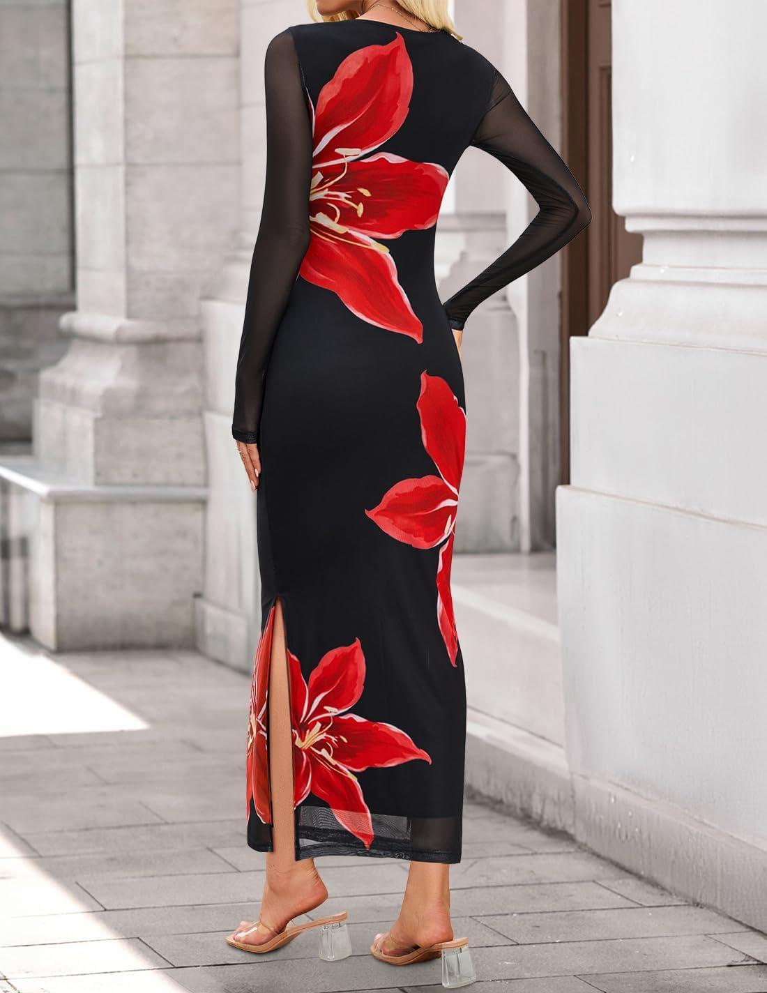 imageZESICA Womens Long Sleeve Floral Maxi Dresses 2026 Fall Bodycon Crewneck Side Slit Ruched Fitted Party Long DressBlack
