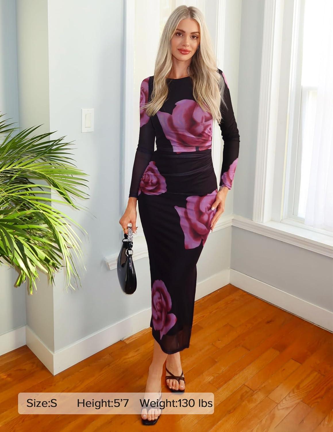 imageZESICA Womens Long Sleeve Floral Maxi Dresses 2026 Fall Bodycon Crewneck Side Slit Ruched Fitted Party Long DressPurple