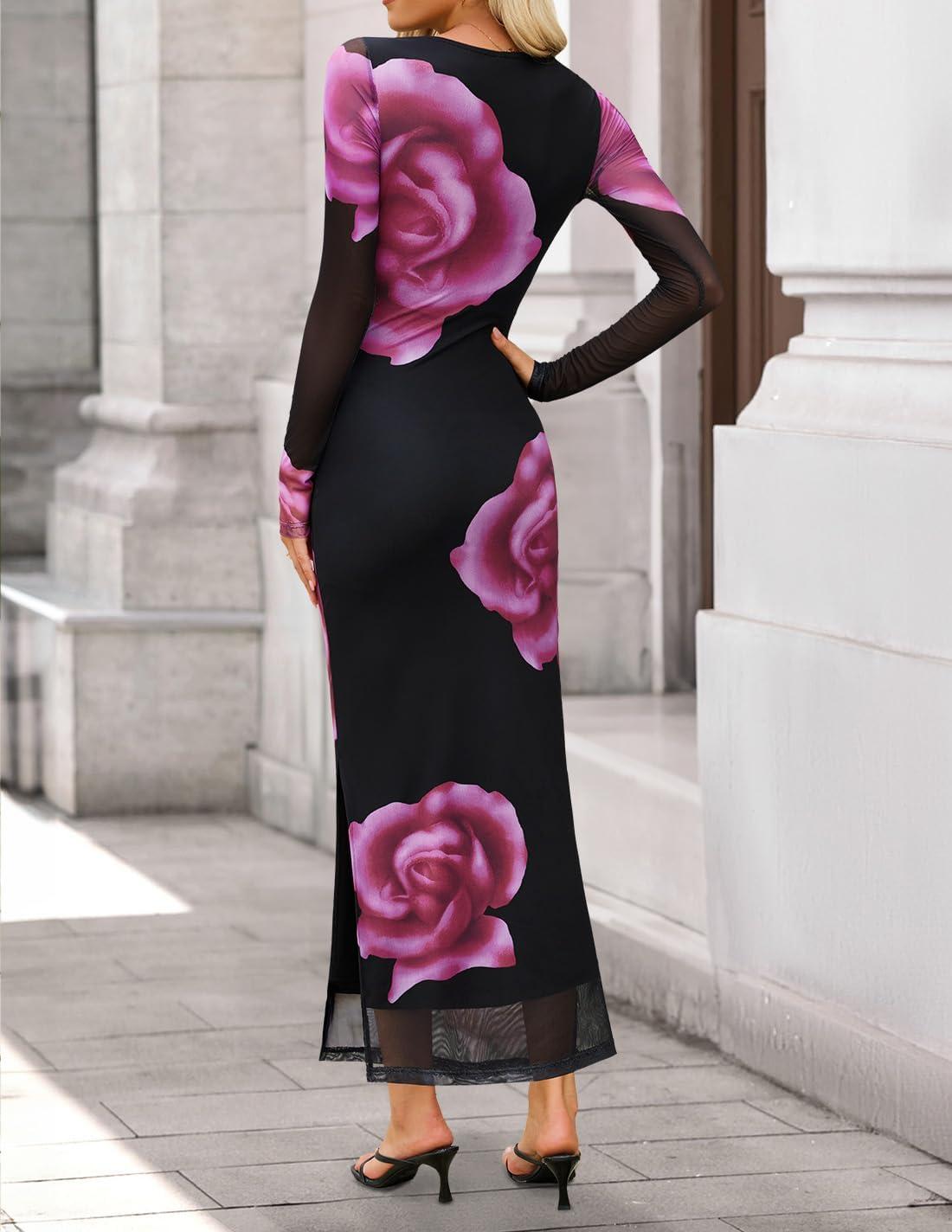 imageZESICA Womens Long Sleeve Floral Maxi Dresses 2026 Fall Bodycon Crewneck Side Slit Ruched Fitted Party Long DressPurple