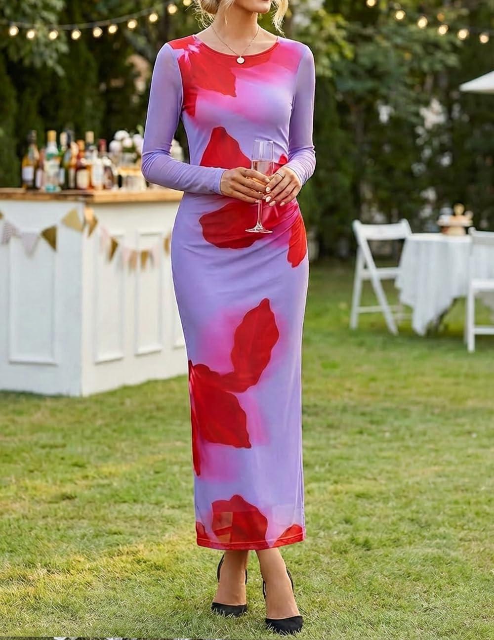 imageZESICA Womens Long Sleeve Floral Maxi Dresses 2026 Fall Bodycon Crewneck Side Slit Ruched Fitted Party Long DressViolets