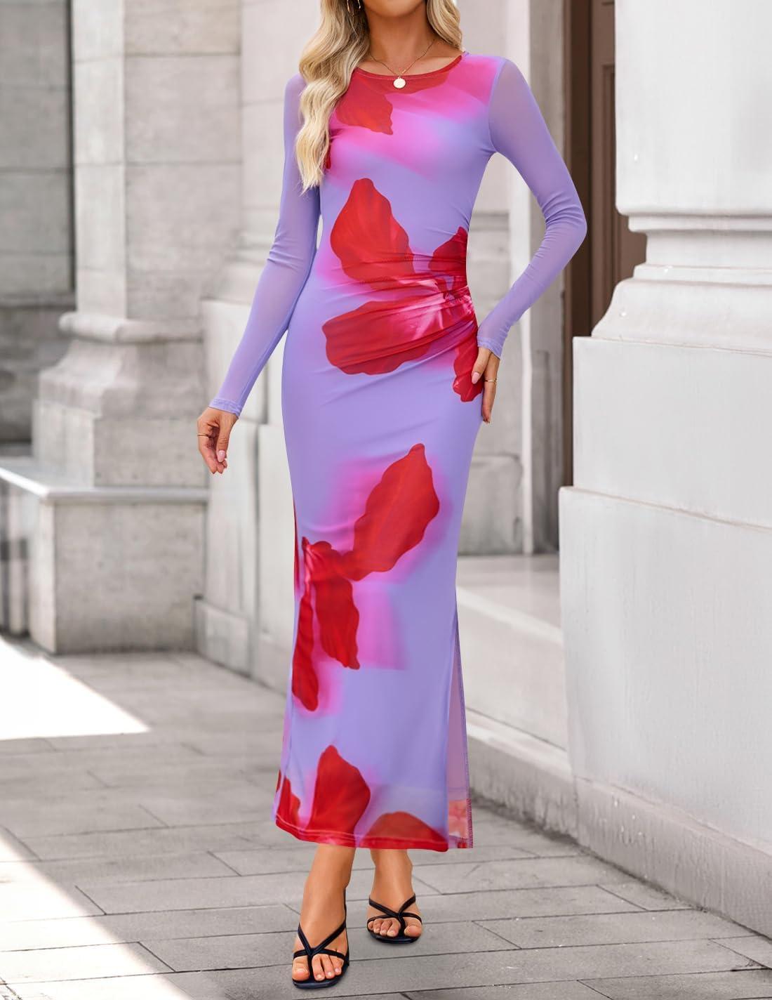 imageZESICA Womens Long Sleeve Floral Maxi Dresses 2026 Fall Bodycon Crewneck Side Slit Ruched Fitted Party Long DressViolets