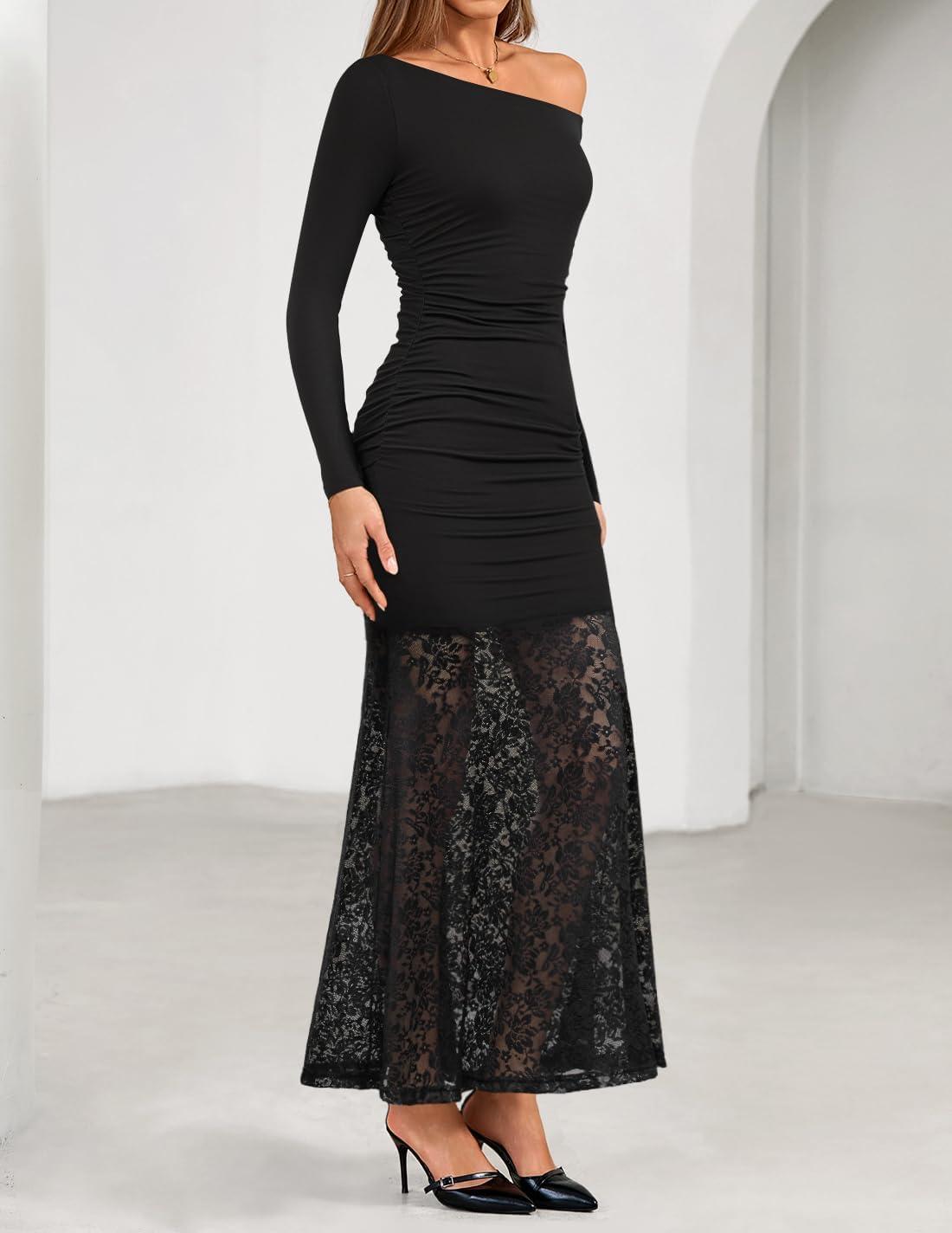 imageZESICA Womens Long Sleeve Off Shoulder Bodycon Dresses Fall 2026 Ruched Lace Wedding Guest Cocktail Formal Maxi DressBlack