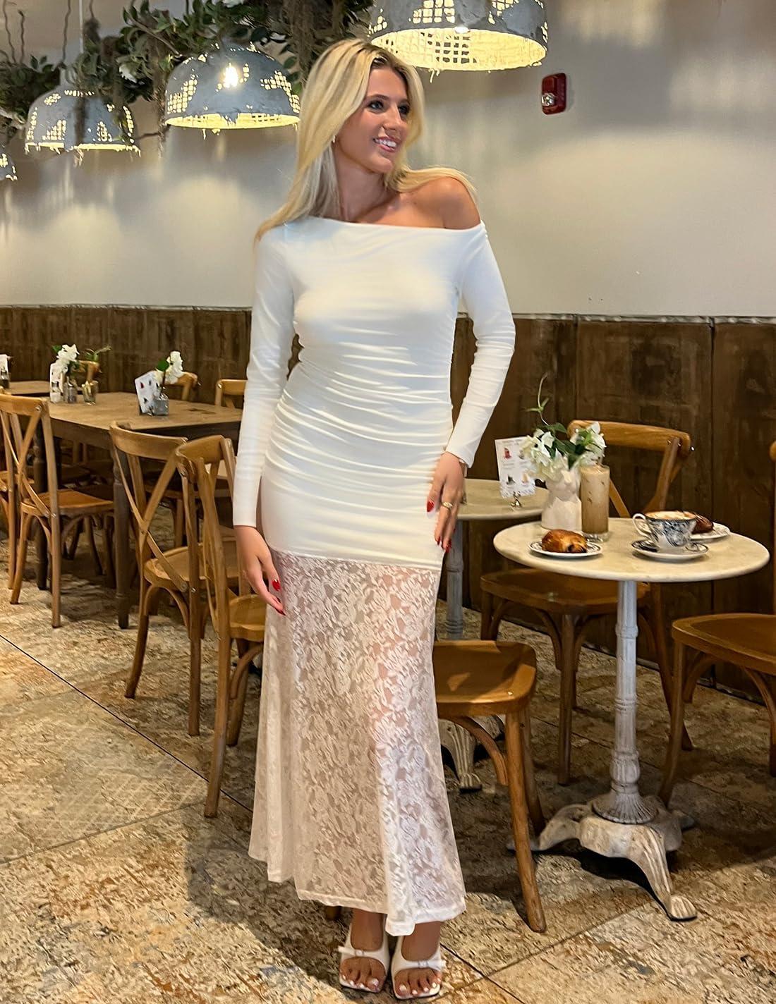 imageZESICA Womens Long Sleeve Off Shoulder Bodycon Dresses Fall 2026 Ruched Lace Wedding Guest Cocktail Formal Maxi DressWhite