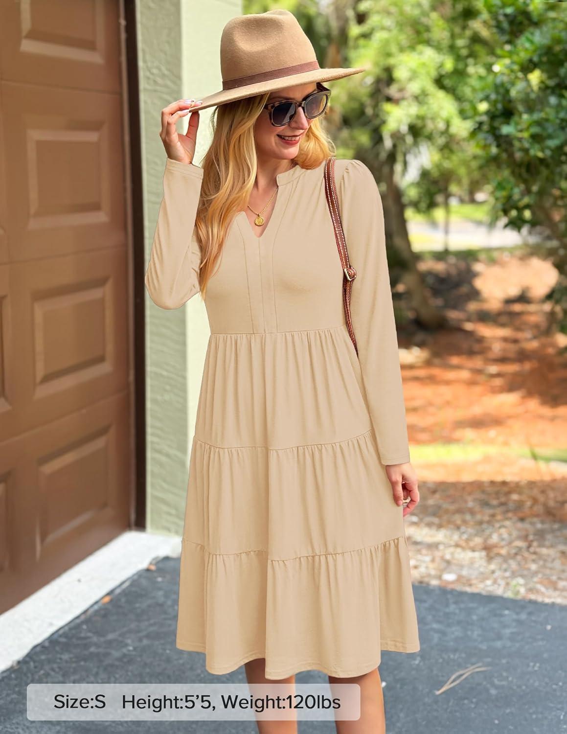 imageZESICA Womens Long Sleeve Spring Dresses 2026 Fashion V Neck Casual Loose Ruffle Flowy A Line Tiered Midi DressApricot