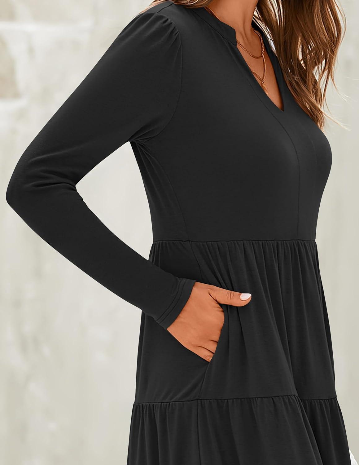 imageZESICA Womens Long Sleeve Spring Dresses 2026 Fashion V Neck Casual Loose Ruffle Flowy A Line Tiered Midi DressBlack