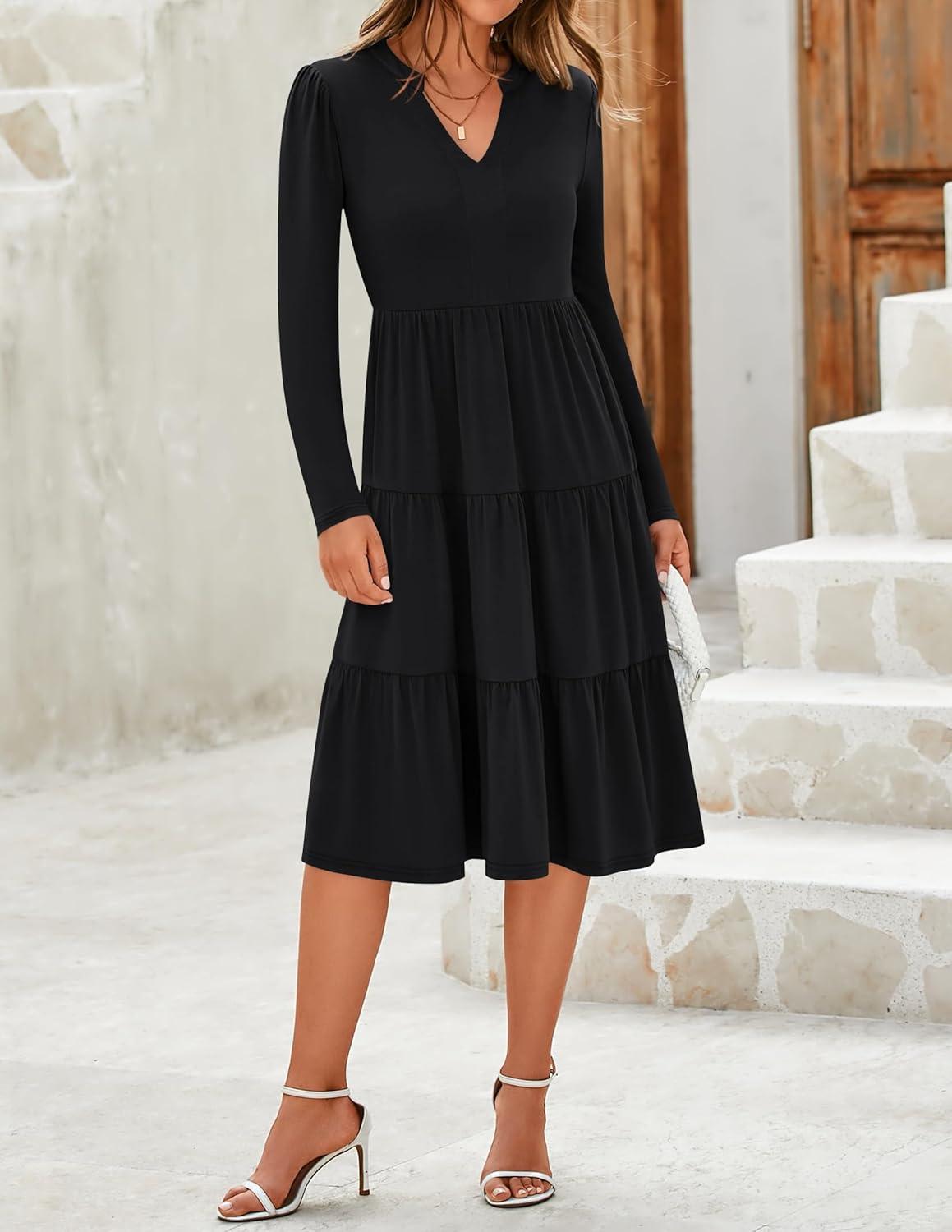 imageZESICA Womens Long Sleeve Spring Dresses 2026 Fashion V Neck Casual Loose Ruffle Flowy A Line Tiered Midi DressBlack