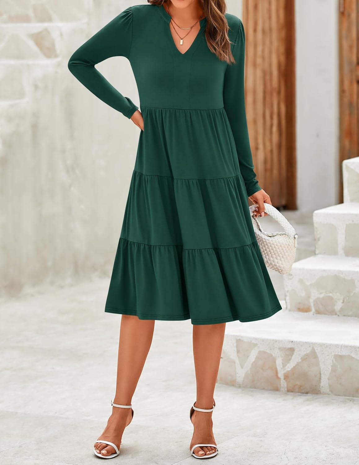 imageZESICA Womens Long Sleeve Spring Dresses 2026 Fashion V Neck Casual Loose Ruffle Flowy A Line Tiered Midi DressDarkgreen