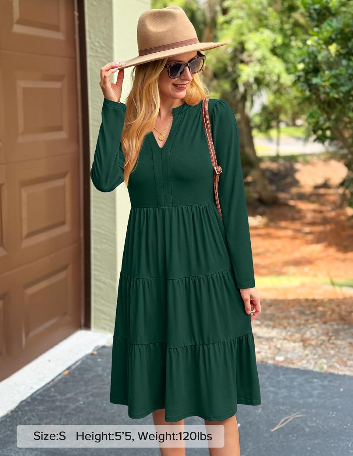 imageZESICA Womens Long Sleeve Spring Dresses 2026 Fashion V Neck Casual Loose Ruffle Flowy A Line Tiered Midi DressDarkgreen