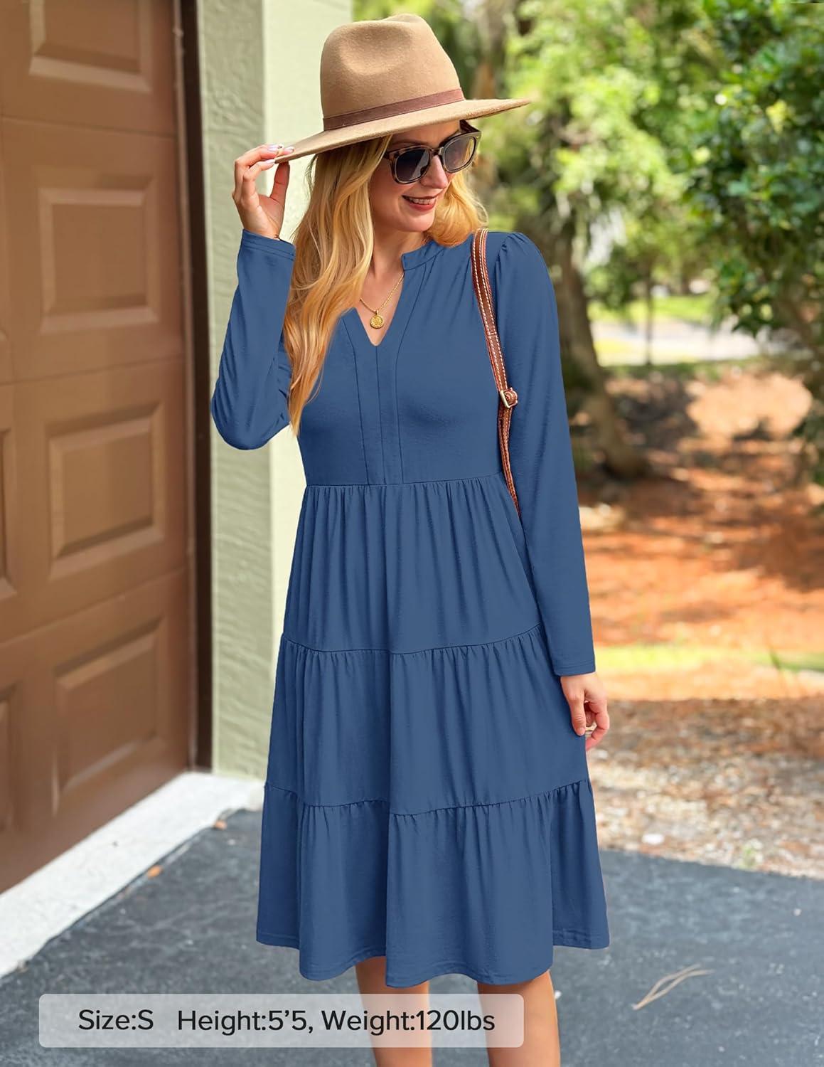 imageZESICA Womens Long Sleeve Spring Dresses 2026 Fashion V Neck Casual Loose Ruffle Flowy A Line Tiered Midi DressDustyblue