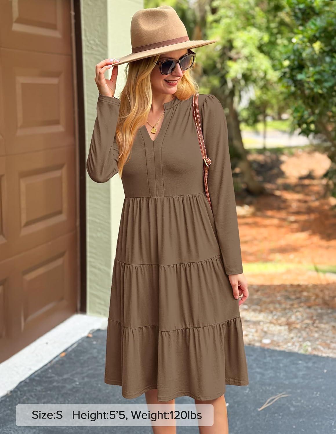 imageZESICA Womens Long Sleeve Spring Dresses 2026 Fashion V Neck Casual Loose Ruffle Flowy A Line Tiered Midi DressKhaki