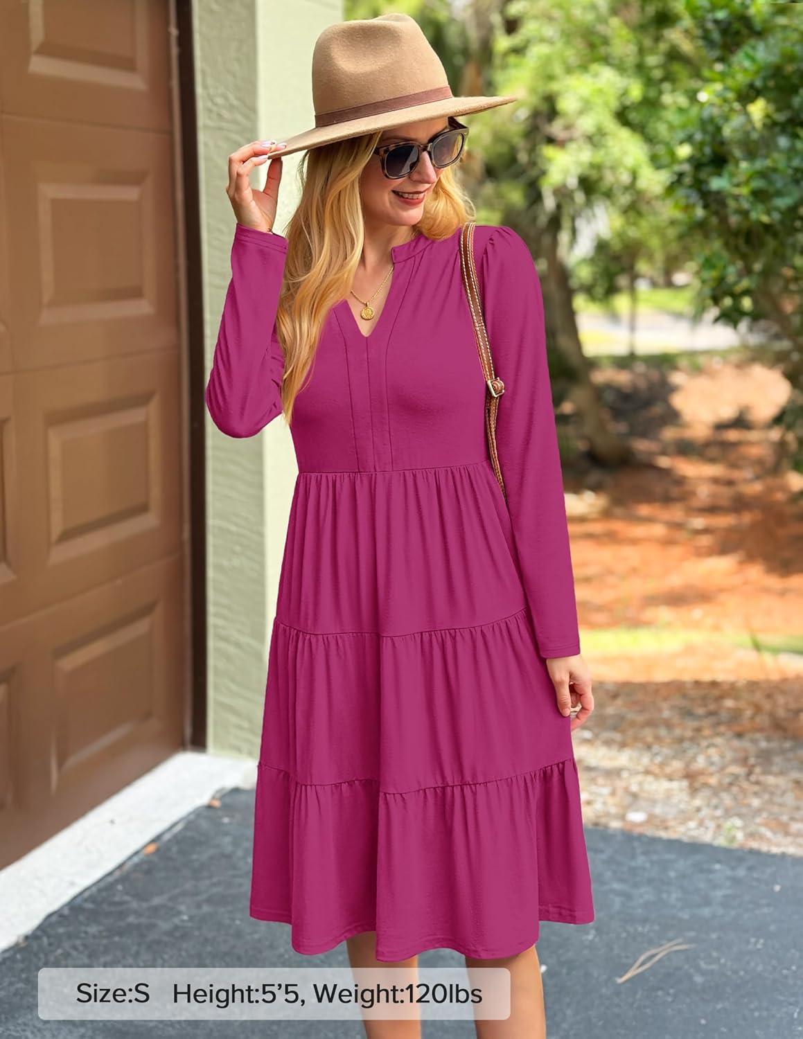 imageZESICA Womens Long Sleeve Spring Dresses 2026 Fashion V Neck Casual Loose Ruffle Flowy A Line Tiered Midi DressRose
