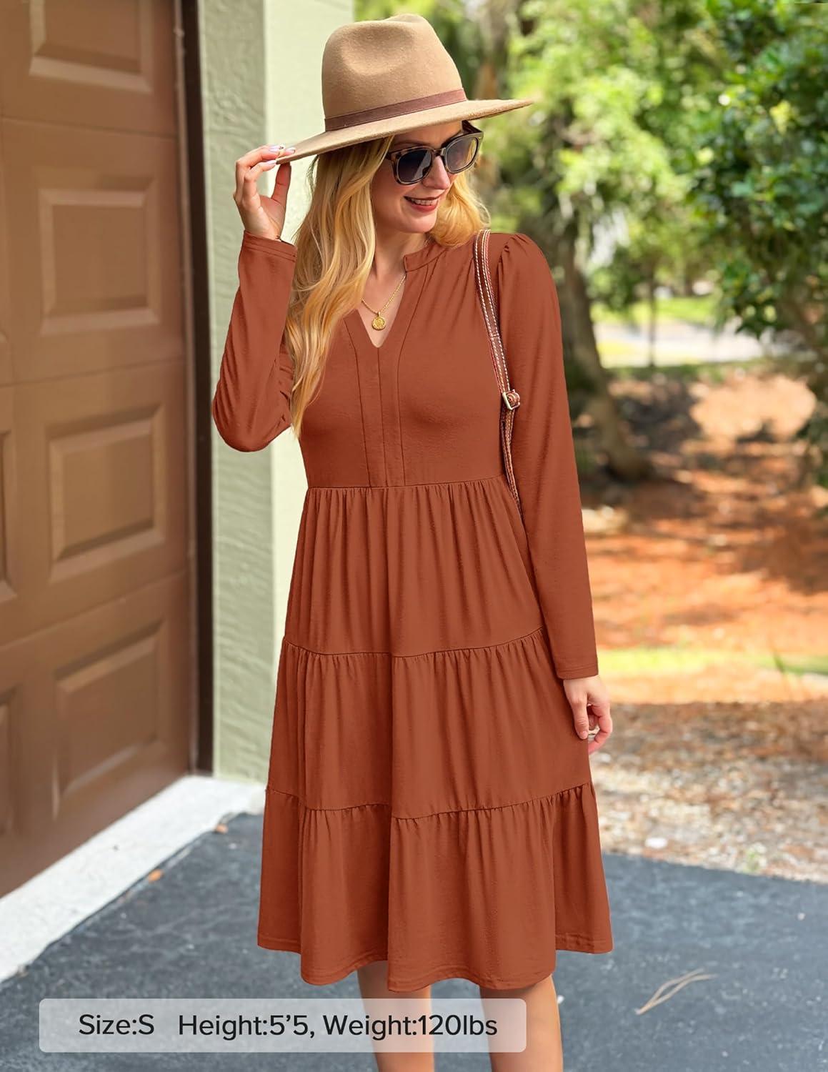 imageZESICA Womens Long Sleeve Spring Dresses 2026 Fashion V Neck Casual Loose Ruffle Flowy A Line Tiered Midi DressRust