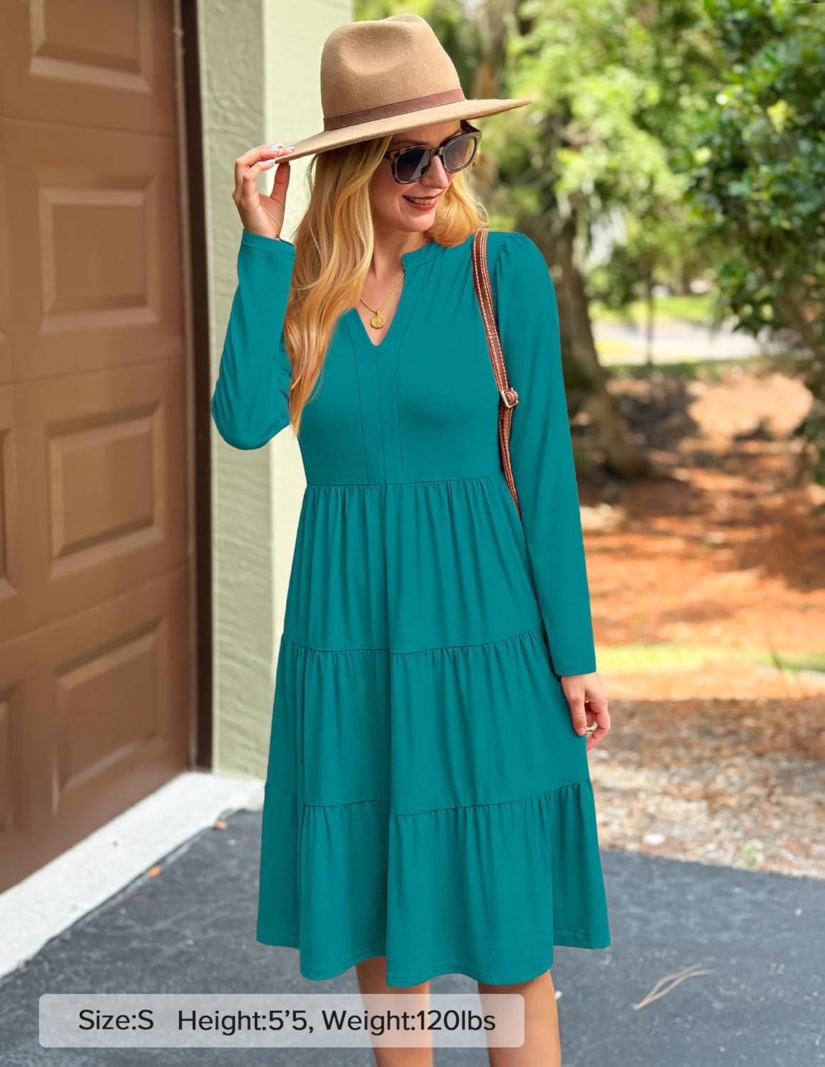 imageZESICA Womens Long Sleeve Spring Dresses 2026 Fashion V Neck Casual Loose Ruffle Flowy A Line Tiered Midi DressTurquoise
