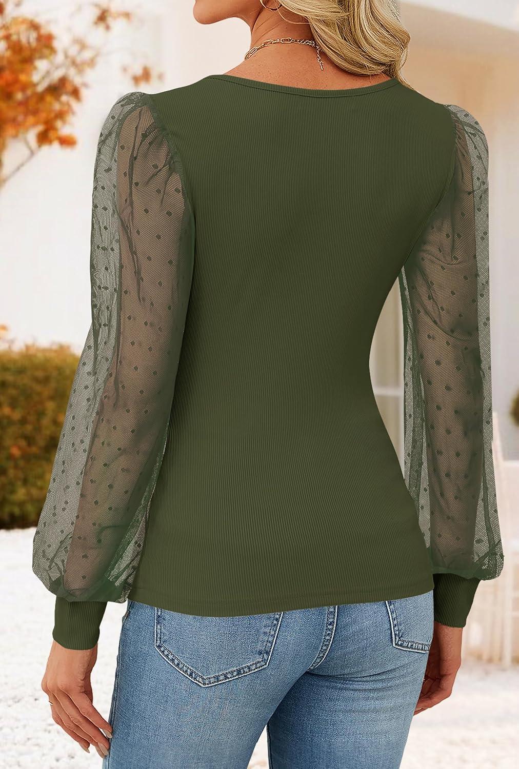 imageZESICA Womens Mesh Puff Long Sleeve Shirts 2026 Spring Fall V Neck Ribbed Knit Sexy Going Out Tops Casual Work BlouseArmy Green