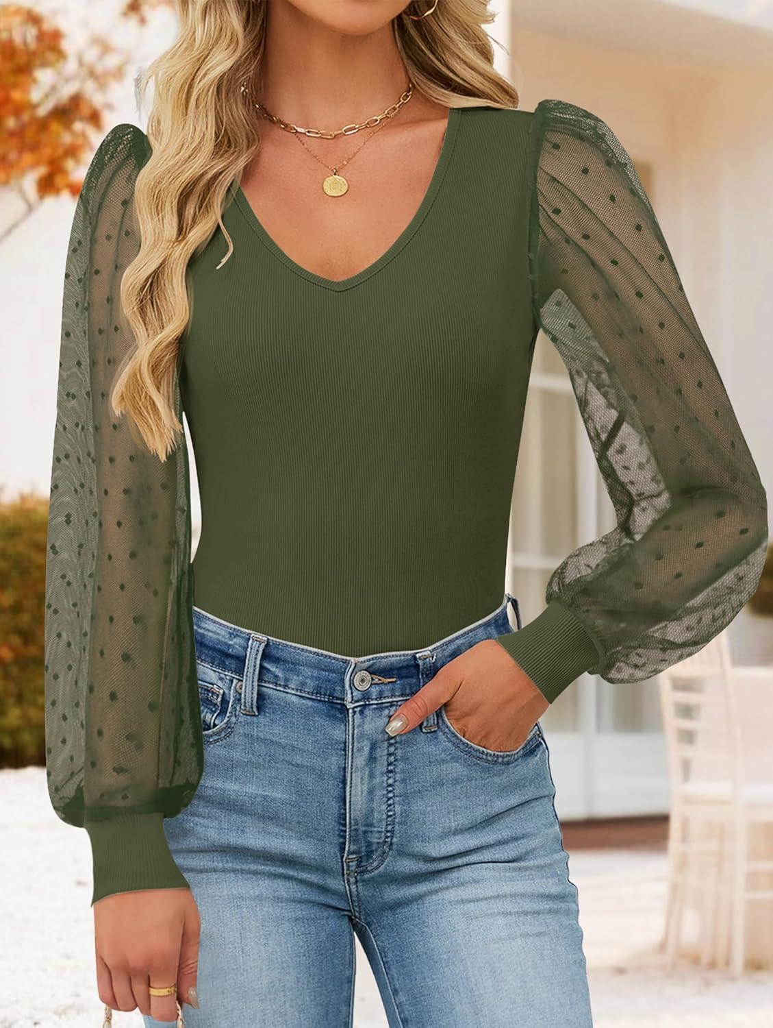 imageZESICA Womens Mesh Puff Long Sleeve Shirts 2026 Spring Fall V Neck Ribbed Knit Sexy Going Out Tops Casual Work BlouseArmy Green