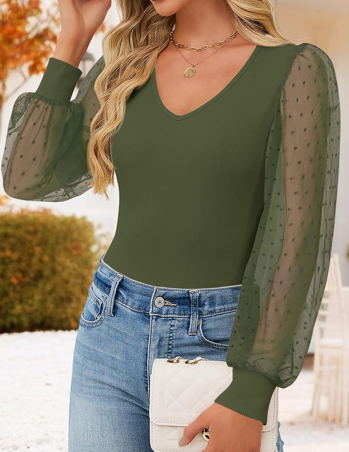 imageZESICA Womens Mesh Puff Long Sleeve Shirts 2026 Spring Fall V Neck Ribbed Knit Sexy Going Out Tops Casual Work BlouseArmy Green