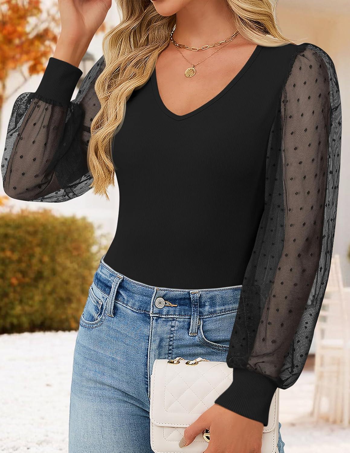imageZESICA Womens Mesh Puff Long Sleeve Shirts 2026 Spring Fall V Neck Ribbed Knit Sexy Going Out Tops Casual Work BlouseBlack