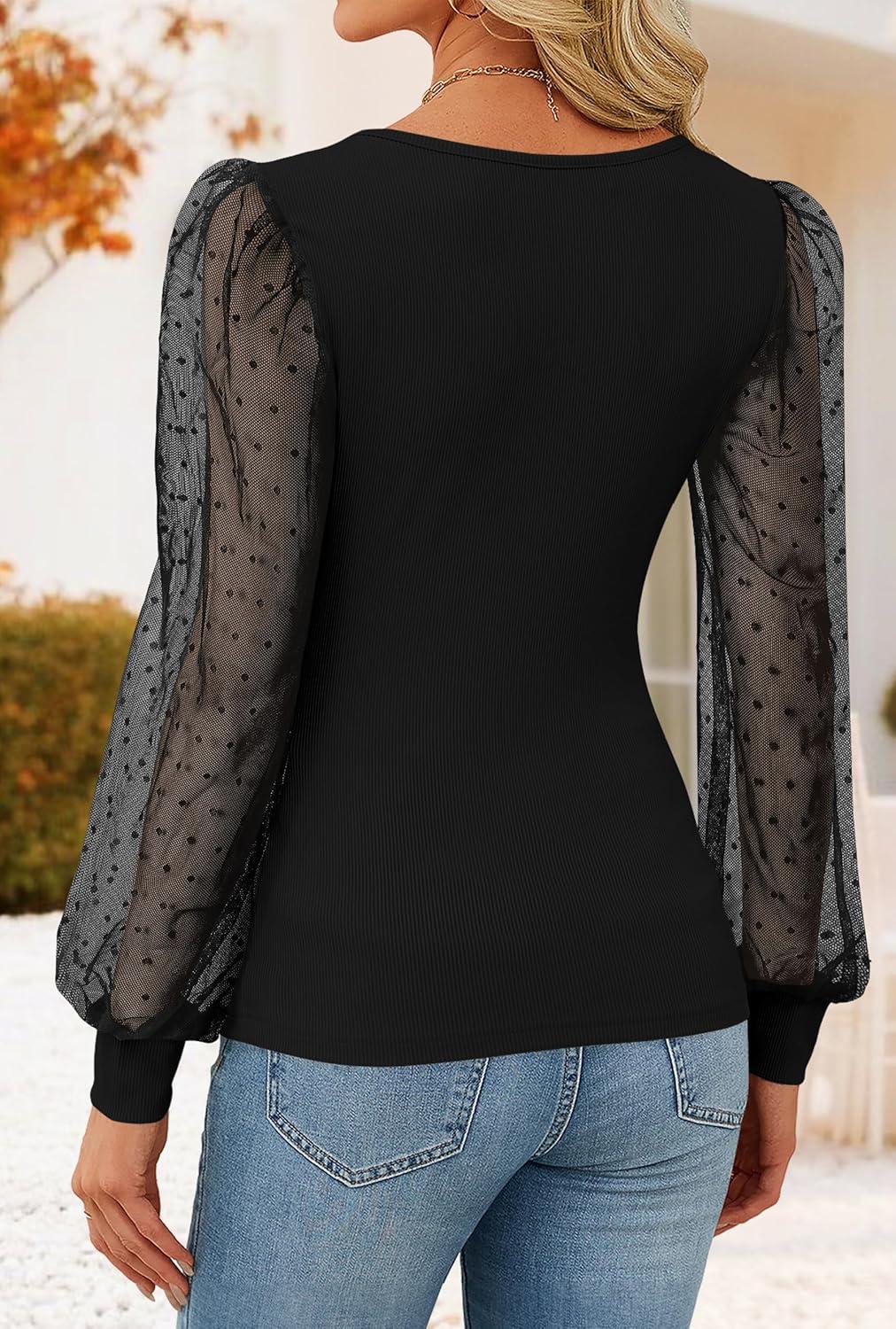 imageZESICA Womens Mesh Puff Long Sleeve Shirts 2026 Spring Fall V Neck Ribbed Knit Sexy Going Out Tops Casual Work BlouseBlack
